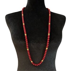 Trifari Beaded Necklace Dark Red Gold Tone 37 Inch Length